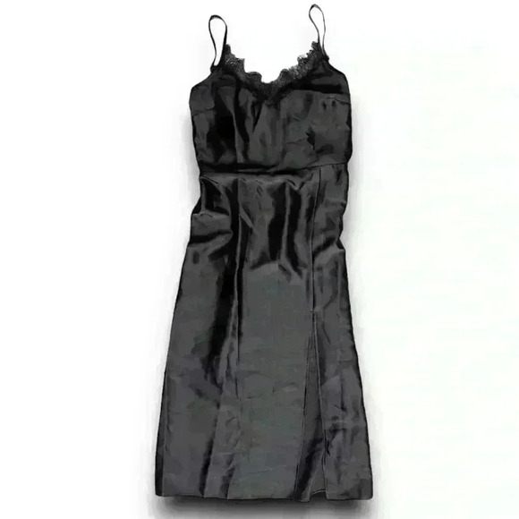 Black Satin Lace Trim Dress Ruched Slit Maxi Size 6 Miss Selfridge Casual Formal - Picture 4 of 8